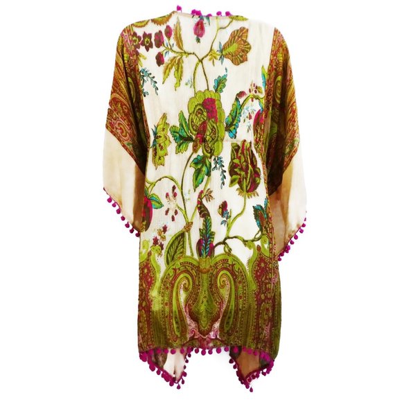 NEW Floral Kimono Rayon Tie Waist Pink Pom Pom Trim Velzera Flexible Sizing - Picture 2 of 9
